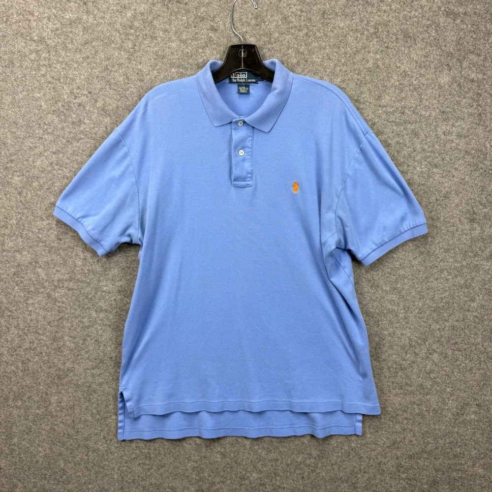 Polo Ralph Lauren Mens L Light Blue Short Sleeve Cotton Polo Orange Pony‎ Logo